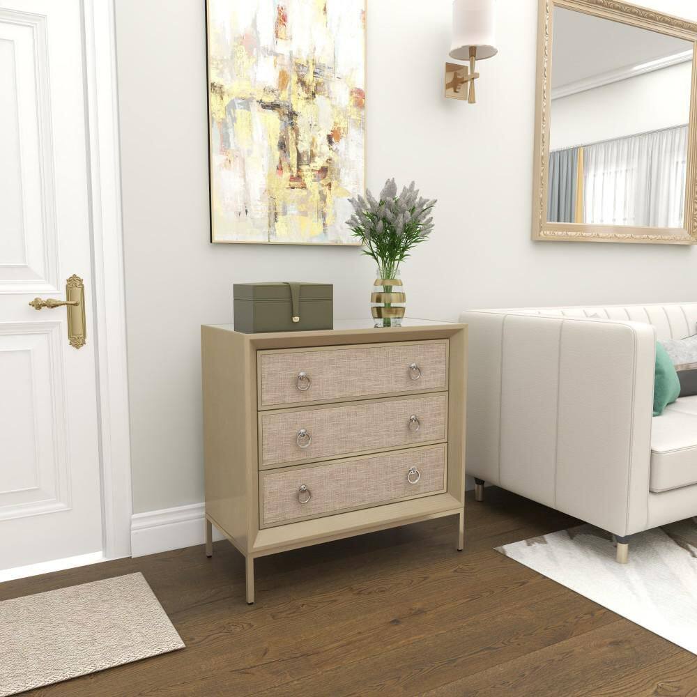 Beige Upholstered 3 Drawer Chest with Mirrored Top and Ring Handles