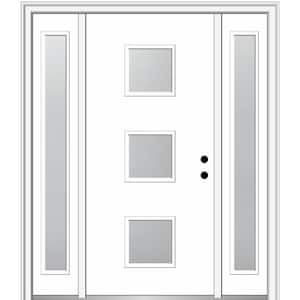 Aveline 60 in. x 80 in. Left-Hand Inswing 3-Lite Frosted Glass Primed Fiberglass Prehung Front Door on 4-9/16 in. Frame