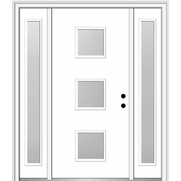 MMI DOOR Aveline 60 in. x 80 in. Left-Hand Inswing 3-Lite Frosted Glass Primed Fiberglass Prehung Front Door on 6-9/16 in. Frame