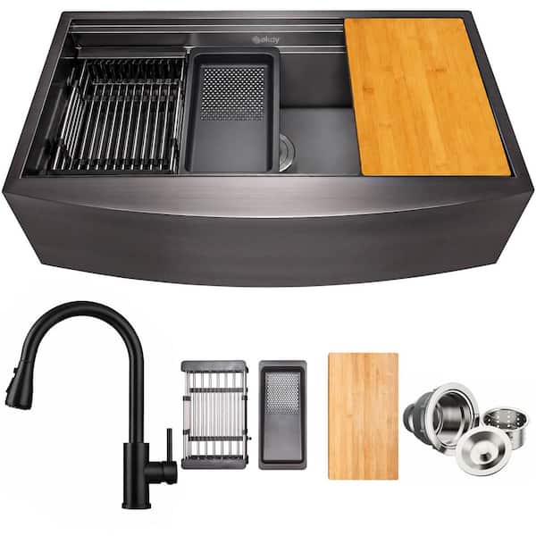 All-in-One Matte Black Finished Stainless Steel 33 in. x 22 in. Farmhouse Apron Mount Kitchen Sink with Pull-down Faucet