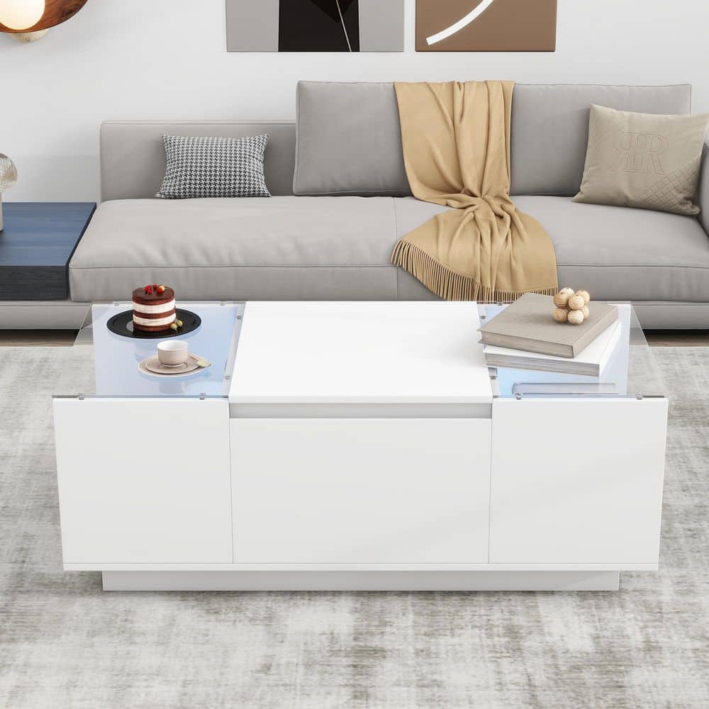 41.3 in. White Rectangle MDF Wood Coffee Table with High-Gloss Finish,Open Storage Compartment and 2 Hidden Drawers
