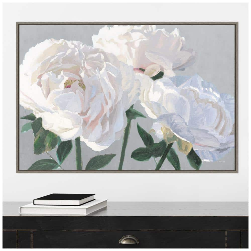 Essence of June I Gray Floral Canvas Wall Art with Distressed Greywash Frame