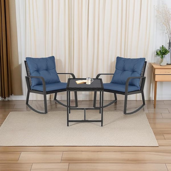 Unbranded 3-Piece Metal Outdoor Patio Conversation Sets Bistro Set with Wicker-Top Rocking Chairs Blue Cushions Glass-Top Table