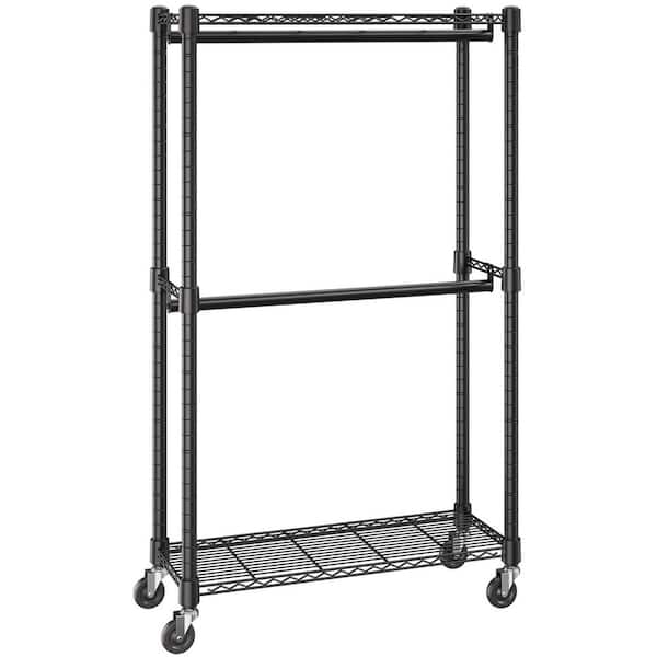 Heavy Duty Clothes Rack, Double Hanging Rods Clothing Garment Rack with Bottom, Storage Tier, Hold Up to 300lbs. Black