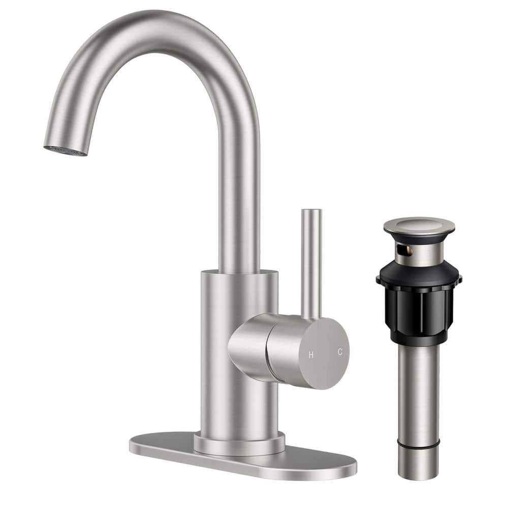 Brushed Nickel Single Handle High Arc Bathroom Faucet with Drain Kit