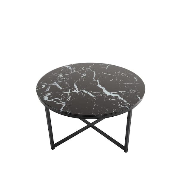 Unbranded 31.5 in. Marble Black Round Cross Legs Tempered Glass Top Coffee Table with Metal Base