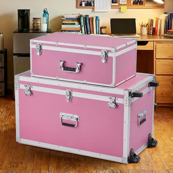 SKYSHALO Set of 2 Metal Storage Trunks, Wooden Boxes with 32.13 in