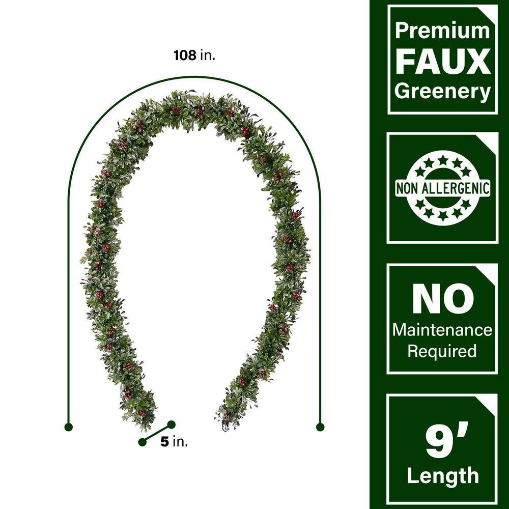 Elegant 9ft Faux Boxwood & Berry Christmas Garland