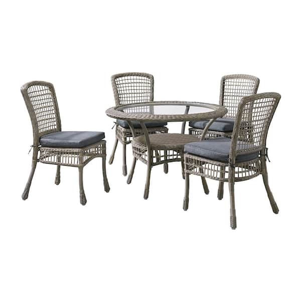 Alaterre Furniture Carolina All-Weather 5-Piece Wicker Outdoor Dining Set with 42 in. Dining Table and Four Chairs with Gray Cushions