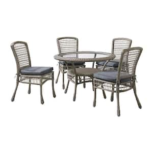 Carolina 5-Piece All-Weather Wicker Outdoor Dining Set with Round Dining Table & Four 37 in. H Chairs with Gray Cushions