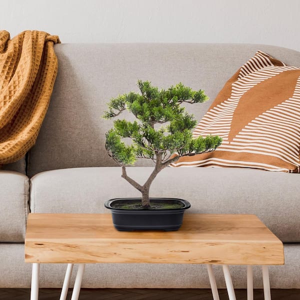 Pure Garden 14.5 in. Artificial Pine Bonsai Tree - Potted Faux Plant with Ceramic Planter - Natural Looking Greenery Accent
