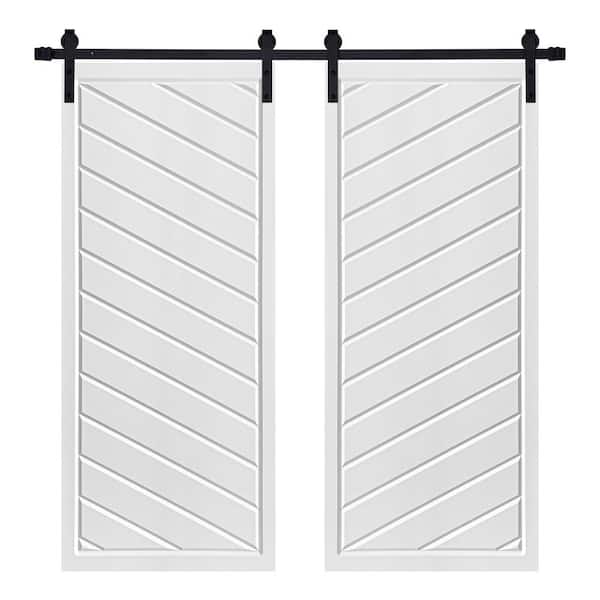 AIOPOP HOME Modern FRAMED TWILL Designed 56 in. x 84 in. MDF Panel White Painted Double Sliding Barn Door with Hardware Kit