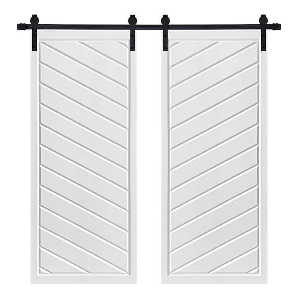 AIOPOP HOME Modern FRAMED TWILL Designed 64 in. x 80 in. MDF Panel White Painted Double Sliding Barn Door with Hardware Kit