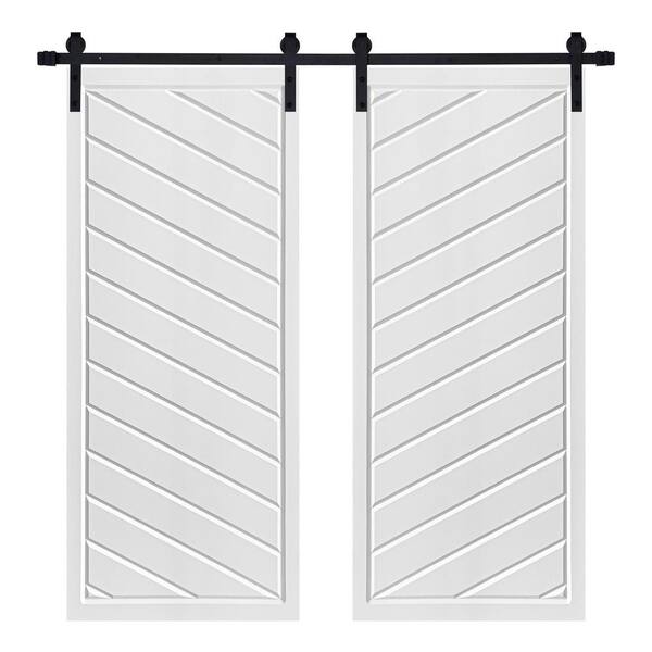 AIOPOP HOME Modern Framed Twill Designed 60 in. x 80 in. MDF Panel White Painted Double Sliding Barn Door with Hardware Kit