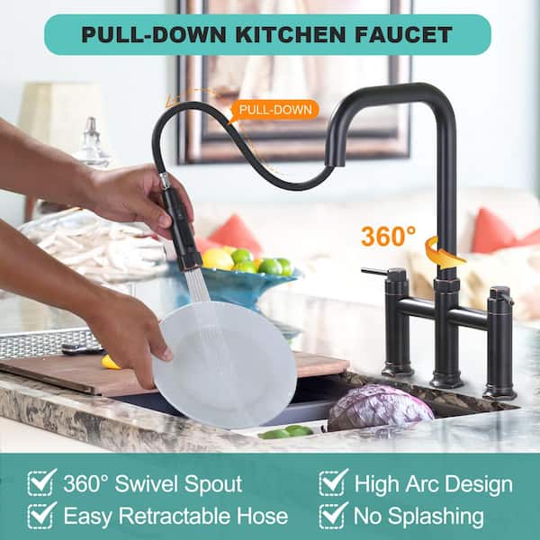Brass Double Handle Deck Mounted Bridge Kitchen Faucet with Pull-Down Spray Head in Oil Rubbed Bronze