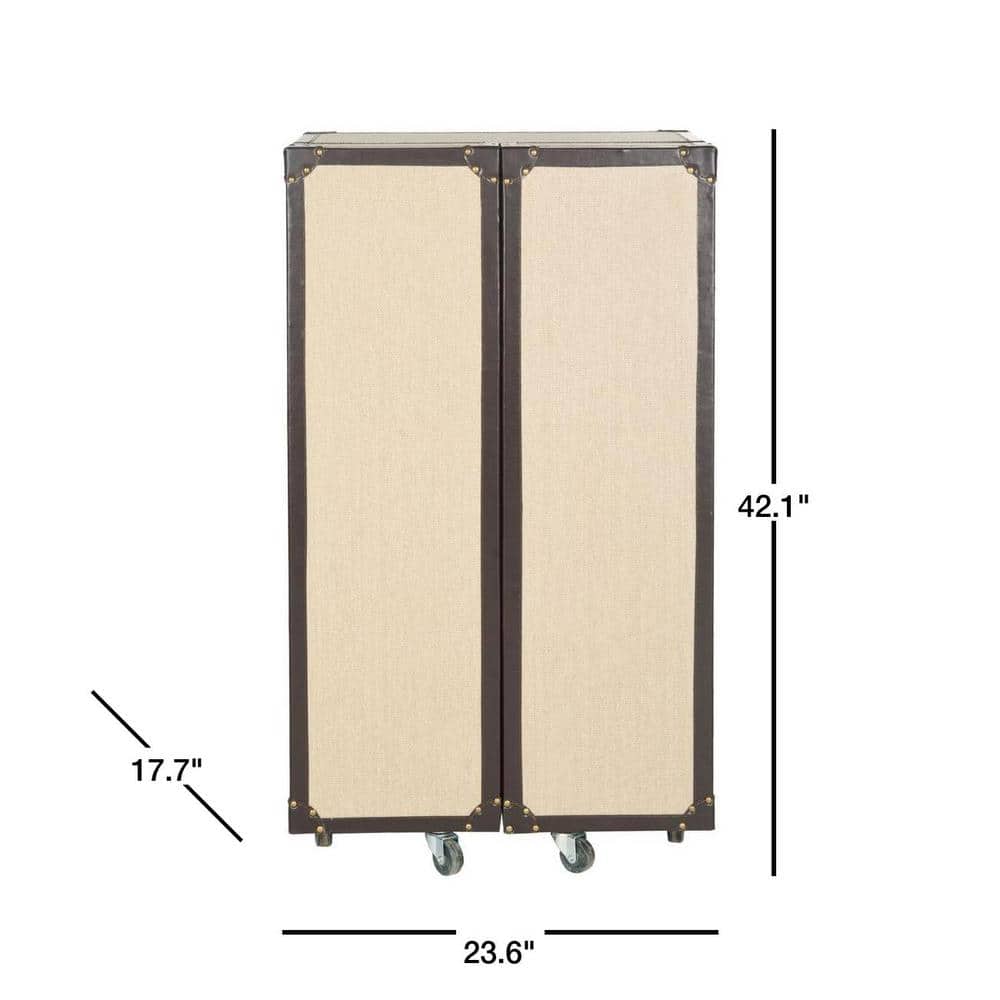 Beige Linen and Vegan Leather Industrial Beverage Cabinet
