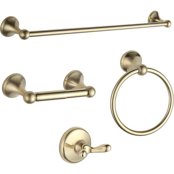 Unbranded 4-Pieces Bath Hardware Set with Adjustable Expandable Towel Bar, Ring, Robe Hook and Toilet Paper Holder in Brushed Gold