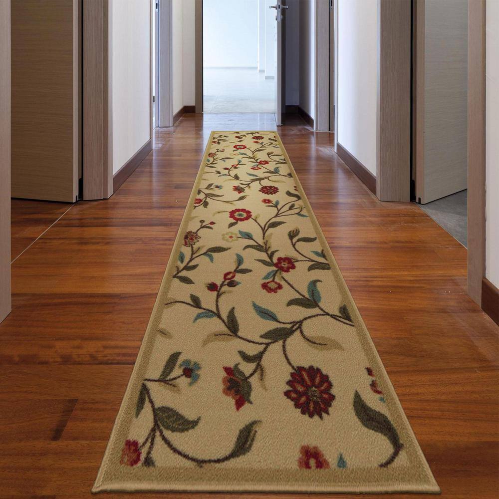 Beige Floral Non-Slip Synthetic Runner Rug 1'10" x 7'