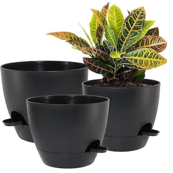 ITOPFOX Garden 10 in. L x 10 in. W x 7.3 in. H Black Plastic Round Indoor Planter (3-Pack)