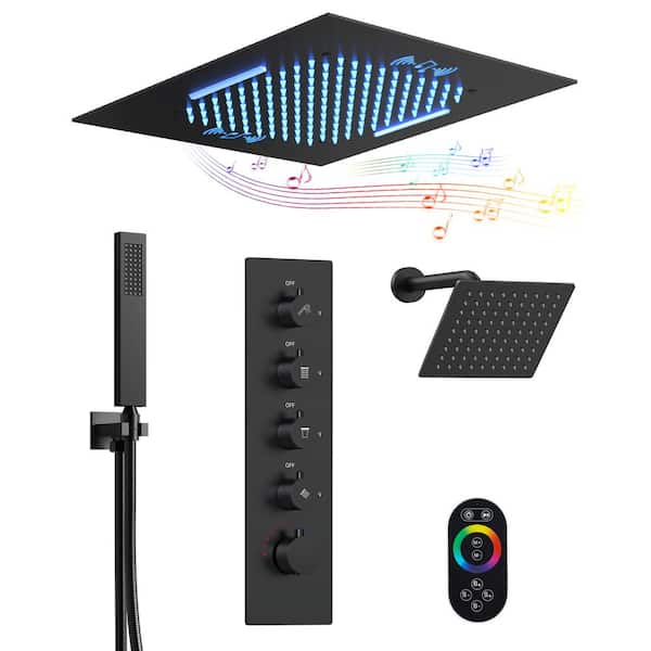 15-Spray 20 in. and 10 in. Ceiling Mount LED Mood Lighting Music Dual Shower Head and Handheld Shower in Matte Black
