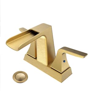 4 in. Centerset 2-Handle Waterfall Spout Bathroom Faucet with Pop-Up Assembly in Brushed Gold