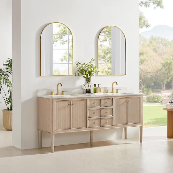 Blaise 72 in. Double Freestanding Light Oak Bath Vanity with Grain White Engineered Stone Top Assembled