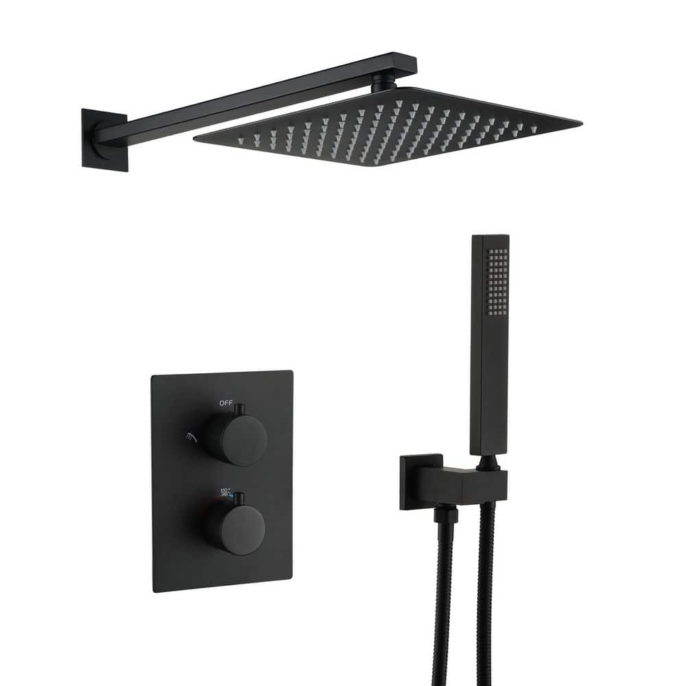 CASAINC Thermostatic 1-Spray Square 10 in. Rain Dual Shower Head Wall Mount Fixed and Handheld Shower Head 1.5 GPM, Matte Black