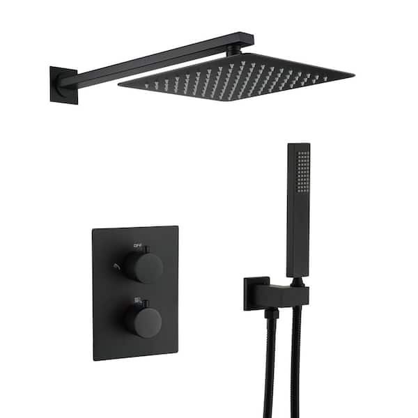 Thermostatic 1-Spray Square 10 in. Rain Dual Shower Head Wall Mount Fixed and Handheld Shower Head 1.5 GPM, Matte Black