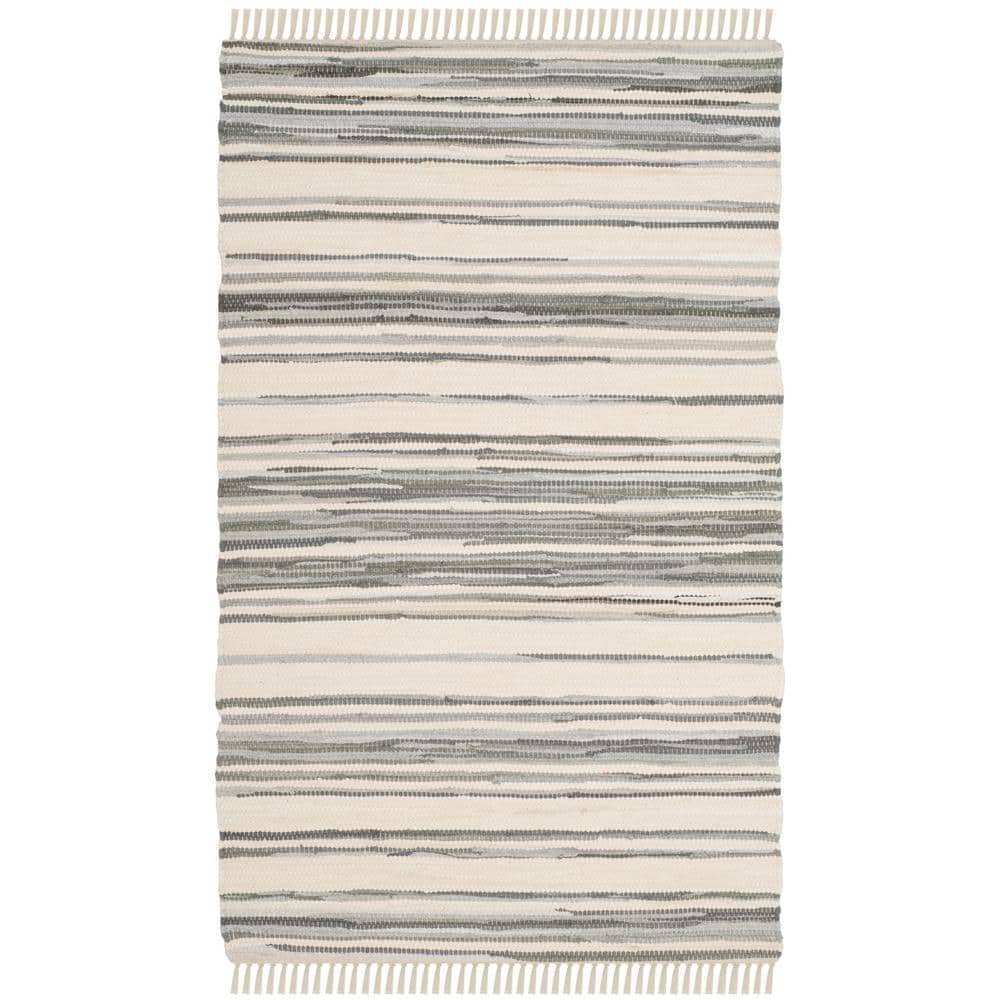 Ivory and Grey Striped Handwoven Wool-Cotton Area Rug, 2' x 3'