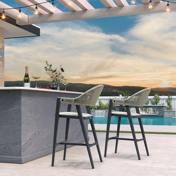 Aluminum Modern Rattan Bar Height Outdoor Bar Stool with Back for Patio Backyard or Kitchen, Gray(2 pack)
