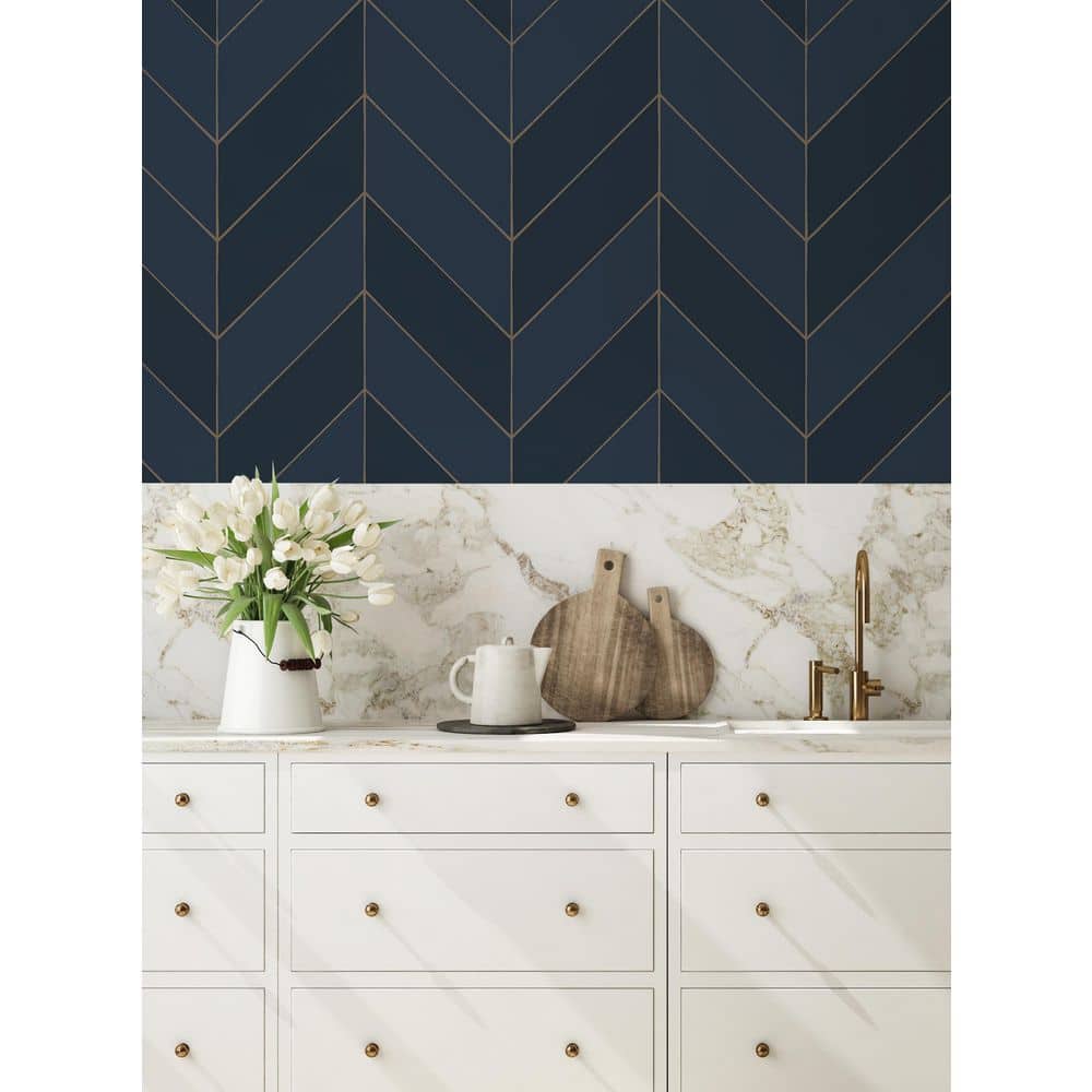 Navy and Gold Chevron Peel and Stick Wallpaper Roll