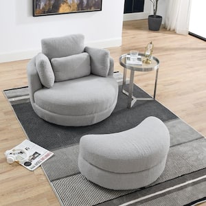 39 in. W Gray Teddy Fabric Swivel Chair with Moon Storage Ottoman 4 Pillows for Living Room