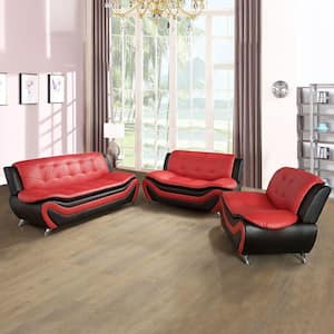 Miguel 77.5 in. Armless Faux Leather Rectangle 3-Piece Couch Living RoomSofa Set in Black and Red