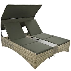 PE Wicker Outdoor Patio Chaise Lounge with Canopy, Adjustable Backrest, Storage Box and Gray Cushion (2-Person)
