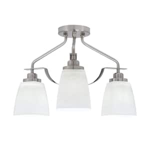 Zara 15 in. 3-Light Brushed Nickel Semi-Flush with 4.5 in. White Muslin. Glass Shades No Bulbs Included