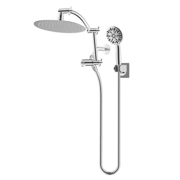 Hibbent Metal 7-spray 10 in. Dual Wall Mount Fixed and Handheld Shower Head 1.8 GPM in Chrome with 16 in. Extension Arm