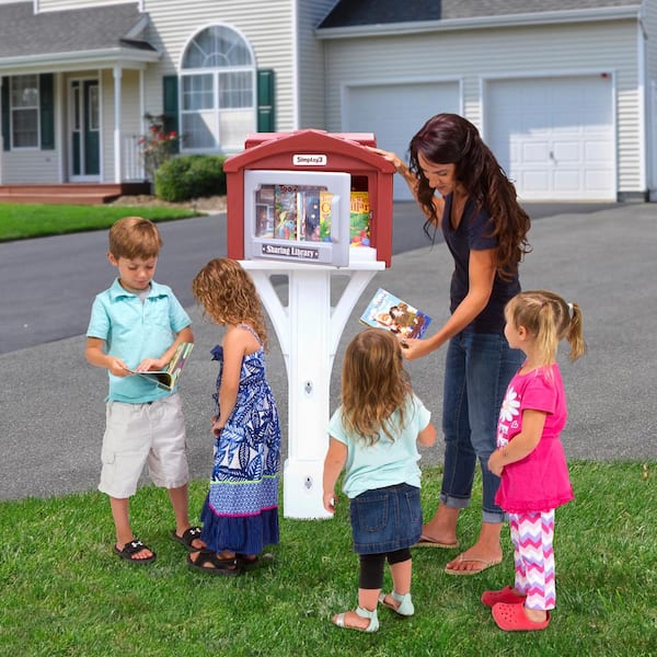 Sharing Library Box Burnt Red/White Mailbox Post