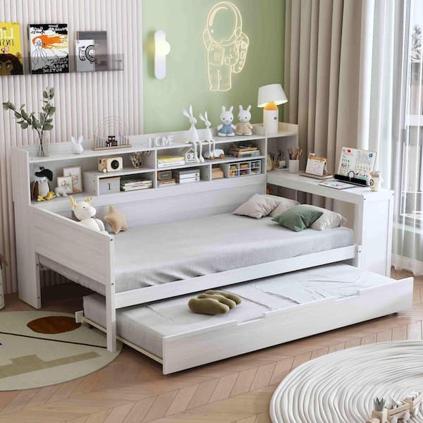 Antique White Twin Daybed with Storage Shelves, Twin Size Trundle Bed and Study Desk