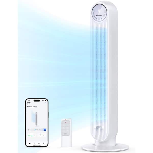 36 in. Nomad One S Tower Fan, 28 BD Quiet Fan, 90° Oscillating with Remote and Wi-Fi Voice Control in White