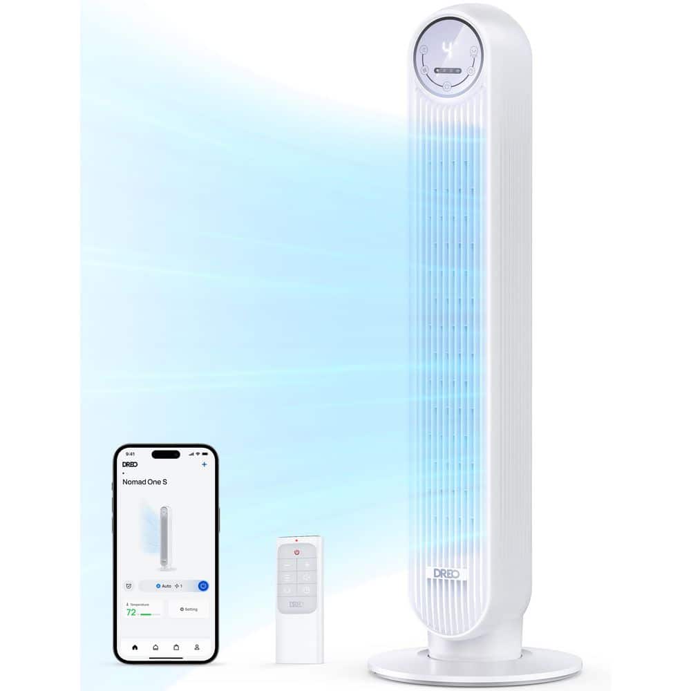 DREO 36 in. Nomad One S Tower Fan, 28 BD Quiet Fan, 90° Oscillating with Remote and Wi-Fi Voice Control in White