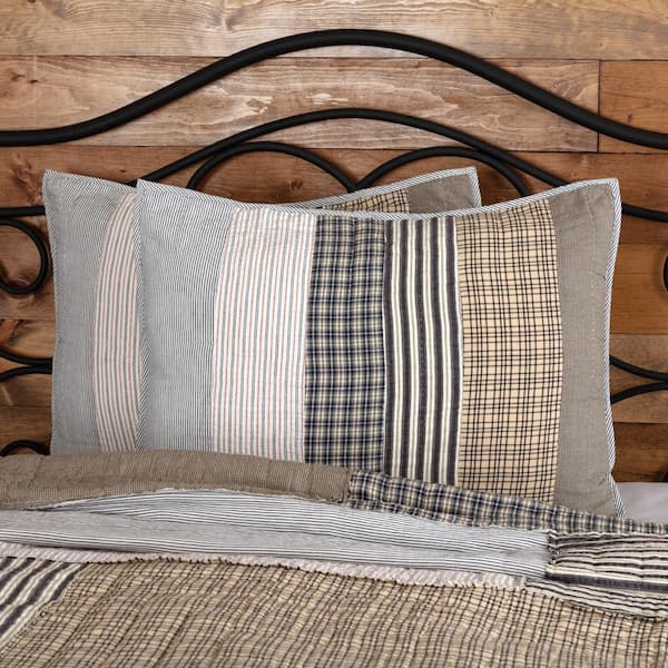VHC BRANDS Ashmont Gray Vintage White Blue Farmhouse Patchwork Cotton Standard Sham