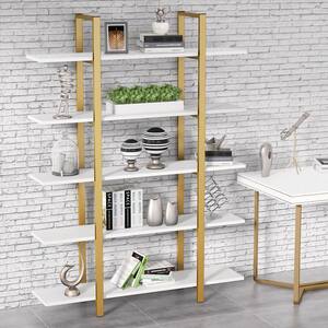 Jannelly 47 in. White Wood and Gold Metal Frame 5tier Radial Shelves Bookcase Storage Rack Plant Stand