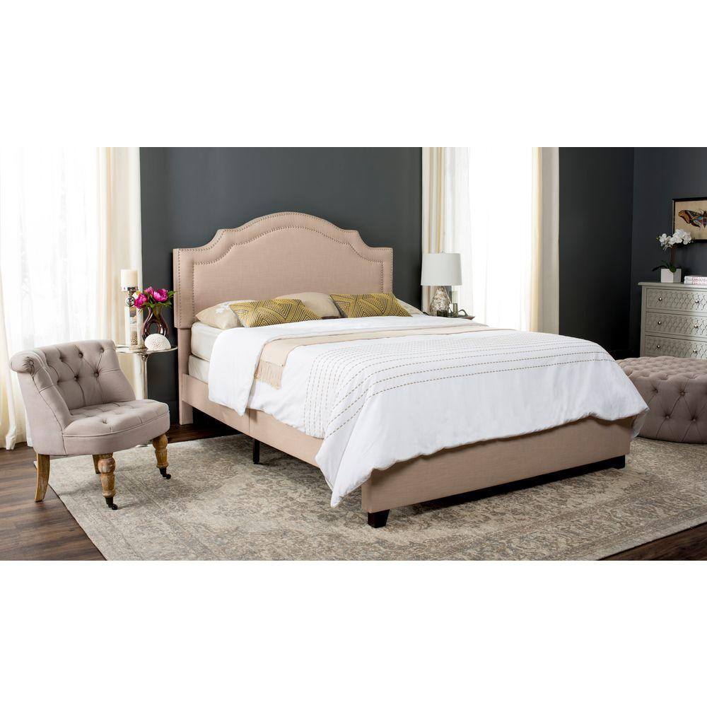 Light Beige Queen Upholstered Bed Frame with Nailhead Trim