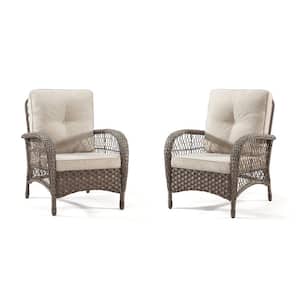 2-Piece Brown Wicker Patio Lounge Chair with Beige Cushion