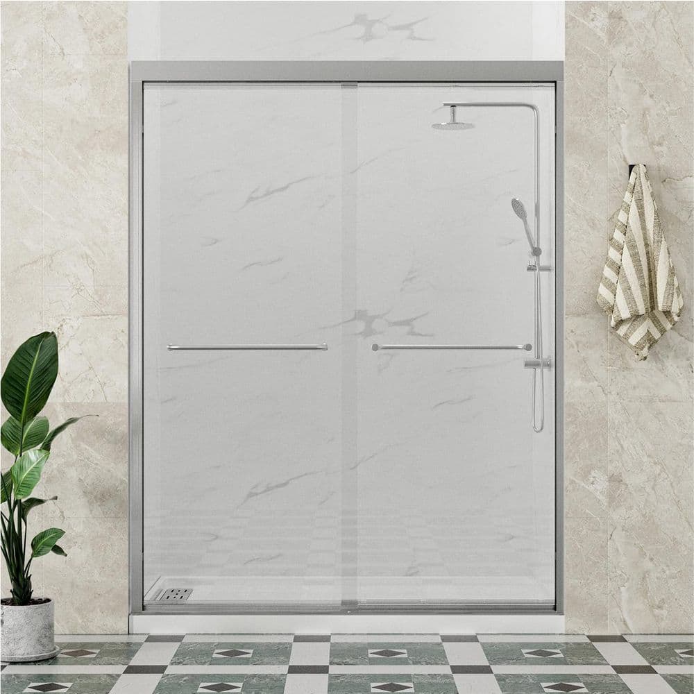 "Zena 56 in. to 60 in. W x 72 in. H Double Sliding Framed Shower Door in Brushed Nickel with 5/16"" Clear Glass" price history on PriceWatchPro