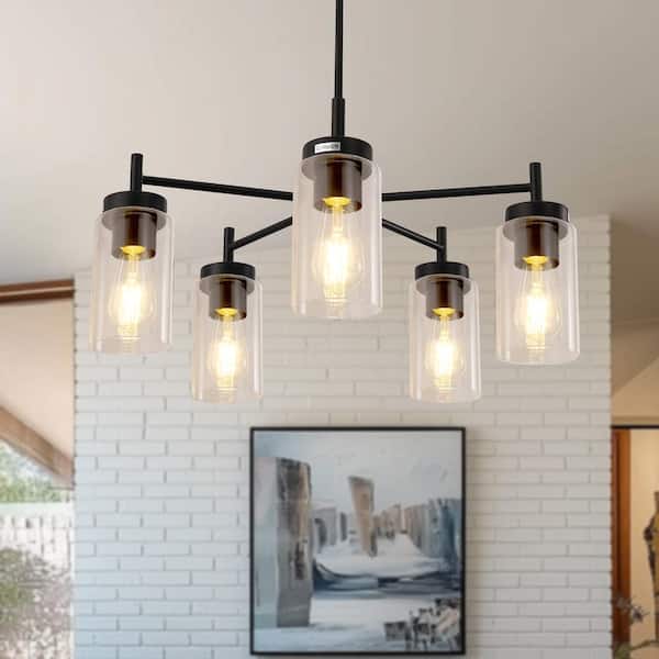 5-Light Rustic Chandelier with Clear Glass Shades, a Modern Black Pendant Light Fixture ideal for Dining Room