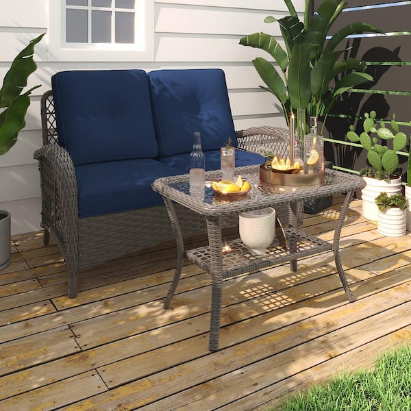 INMITOM 2-Piece Wicker Patio Conversation Set with Blue Cushions-Ergonomic Design for Ultimate Comfort