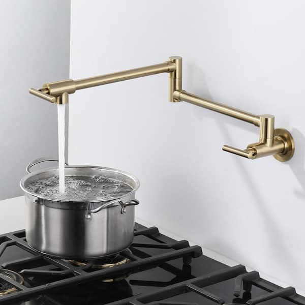 Brass Wall Mount Pot Filler with 2-Handles and Double Joint Swing Arms Folding Kitchen Faucet in Gold