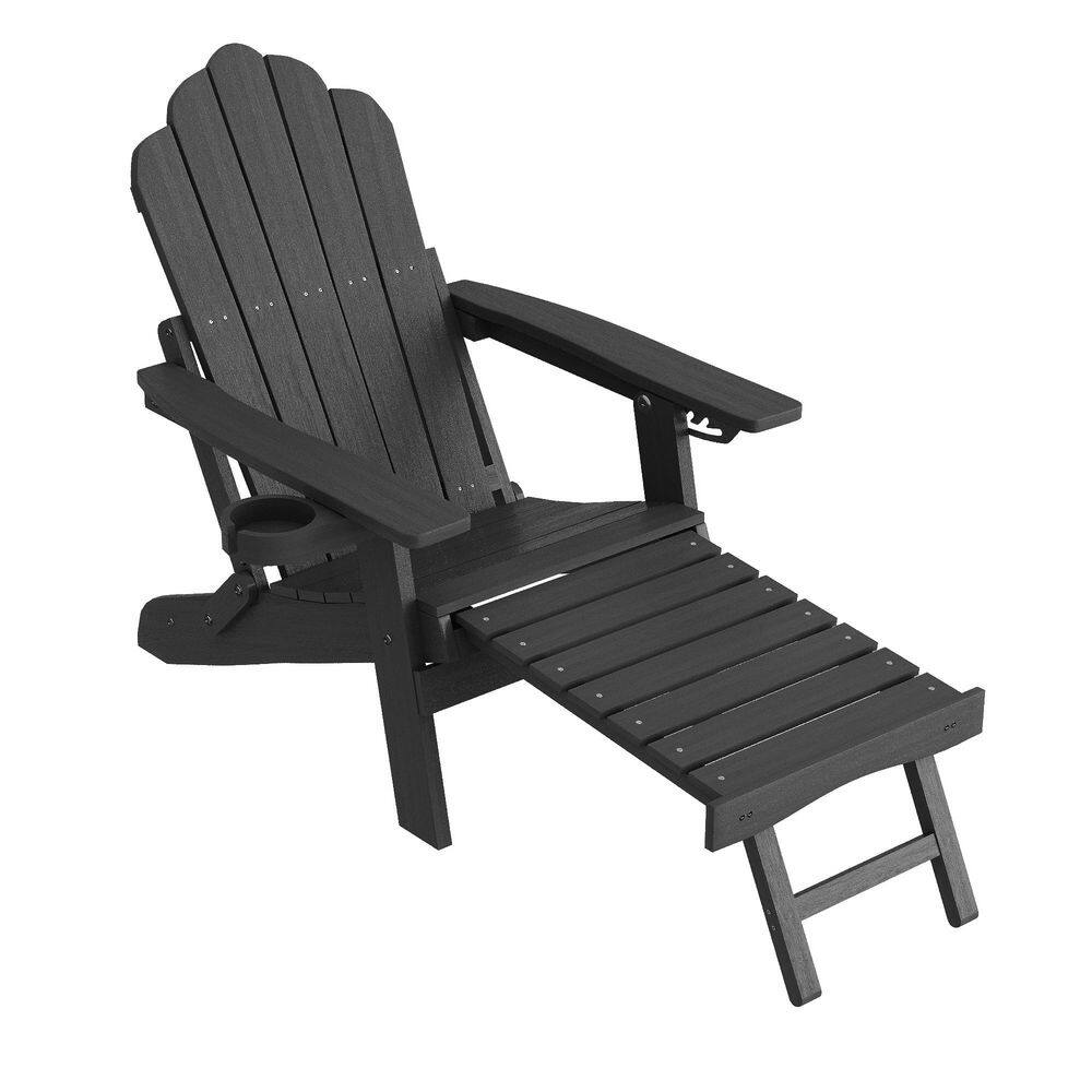 Black HDPE Plastic Folding Adirondack Chair with Retractable Ottoman and Cup Holder Set of 2 price history on PriceWatchPro