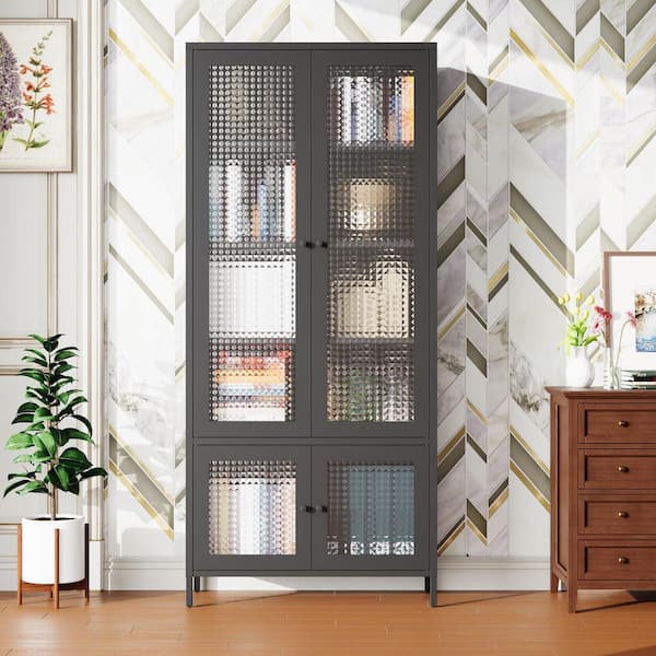 71 in. Tall Black Steel Storage Cabient, Freestanding Bookcase with 4-Waffle-Grids Tempered Glass Doors and 5-Shelves